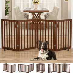 Homykic bamboo freestanding dog gate in a 4-panel setup for wide doorway containment.
