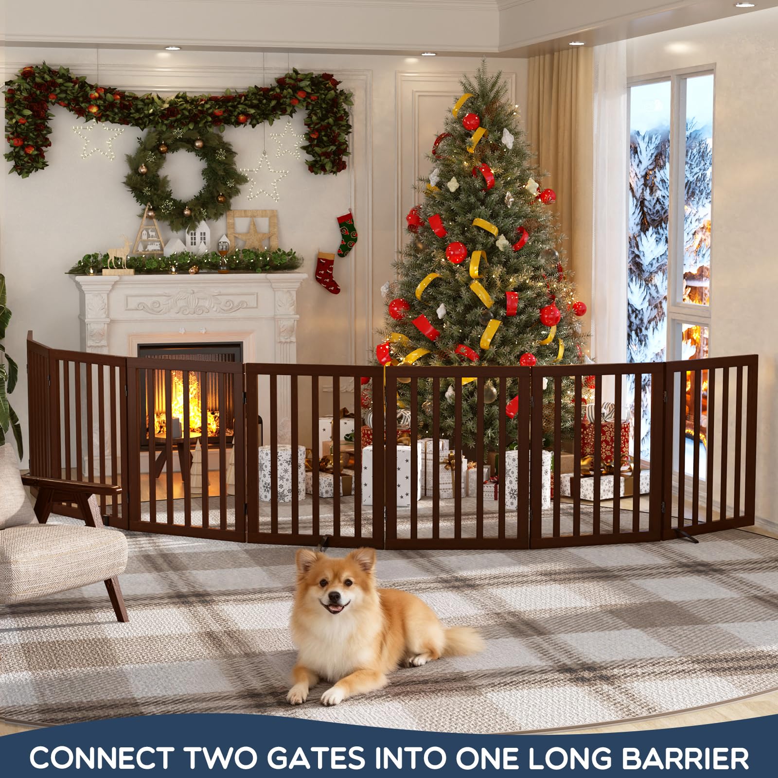 Homykic bamboo gate provides extra-wide reach for small to medium dogs up to 75 inches.
