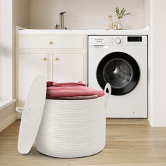 HONCESTA living room organizer image—neutral white basket pairs with towels.