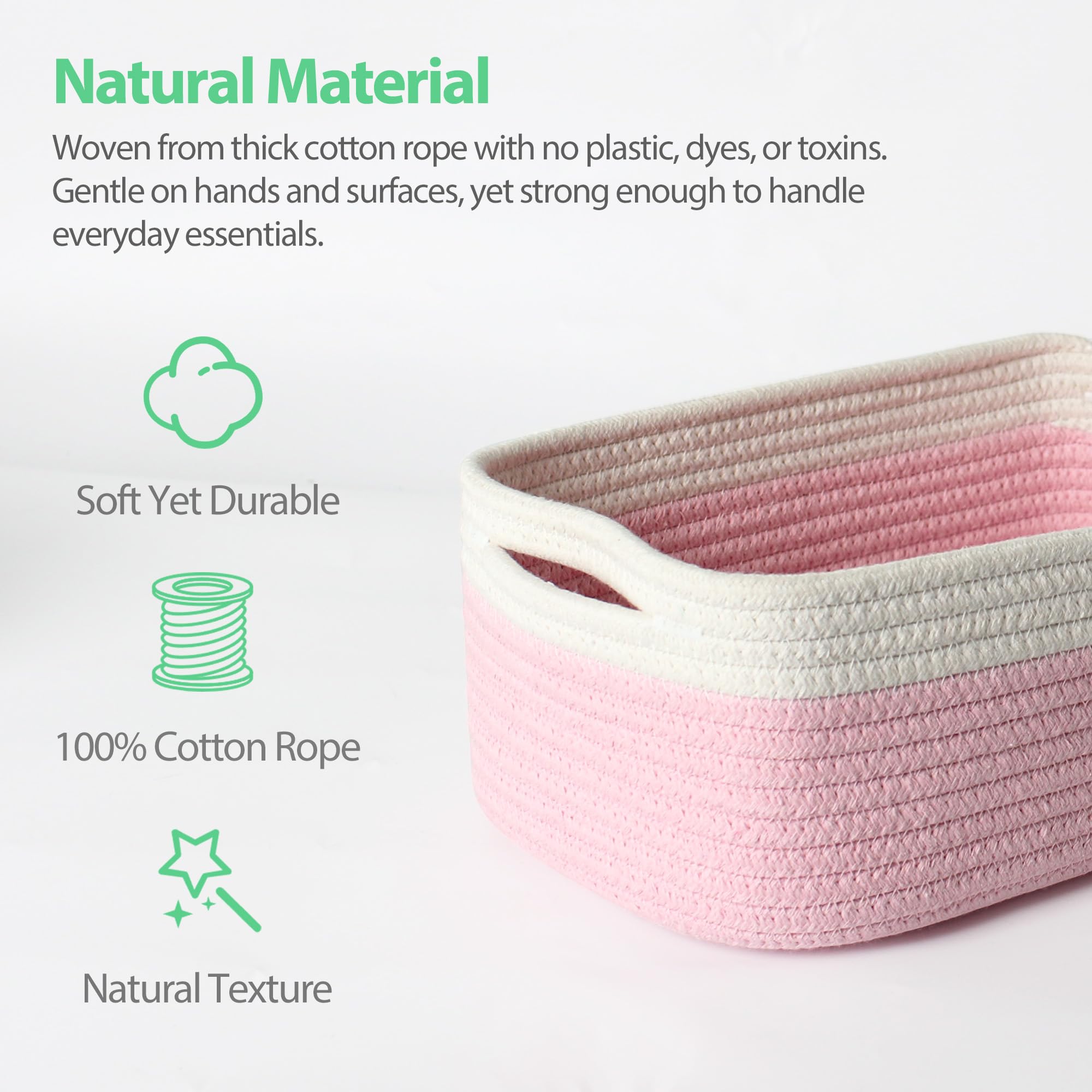 HONCESTA pink cotton rope bins on shelf enable soft-touch toy organization.