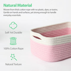 HONCESTA pink cotton rope bins on shelf enable soft-touch toy organization.