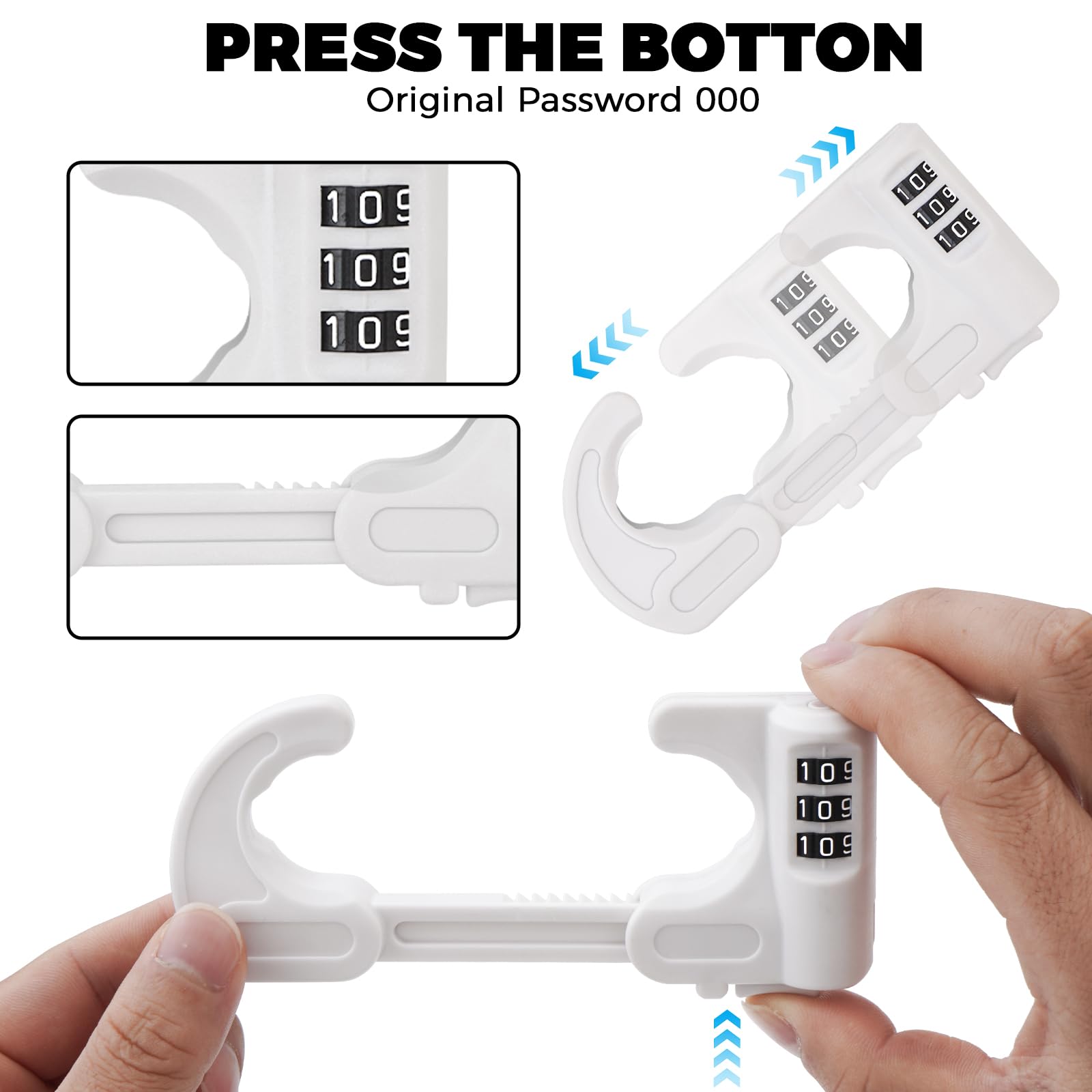 HoneSecur sliding cabinet lock closeup shows adjustable length for various cabinets.