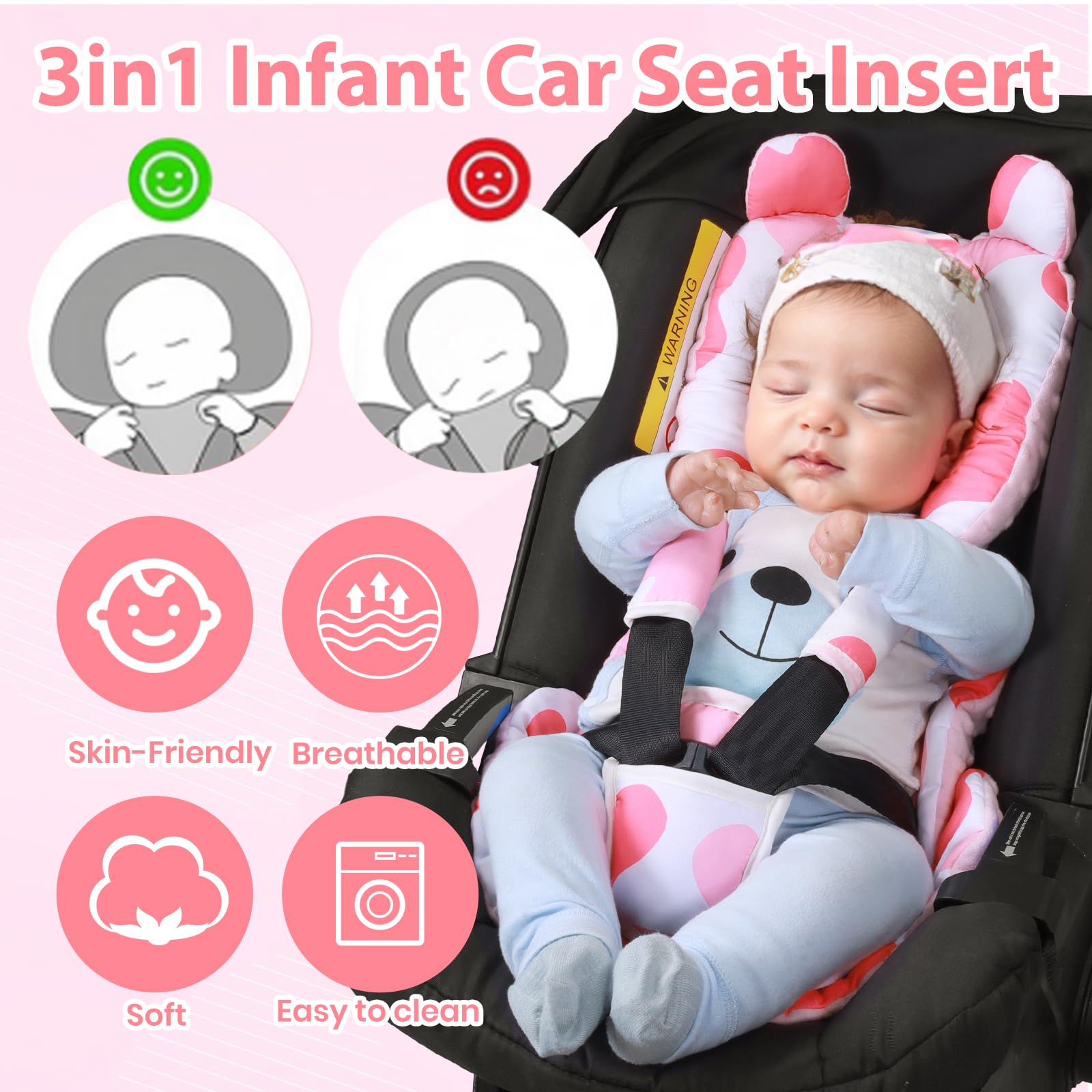 Honeau 3D thickened head and body support cushions baby's posture during car rides.