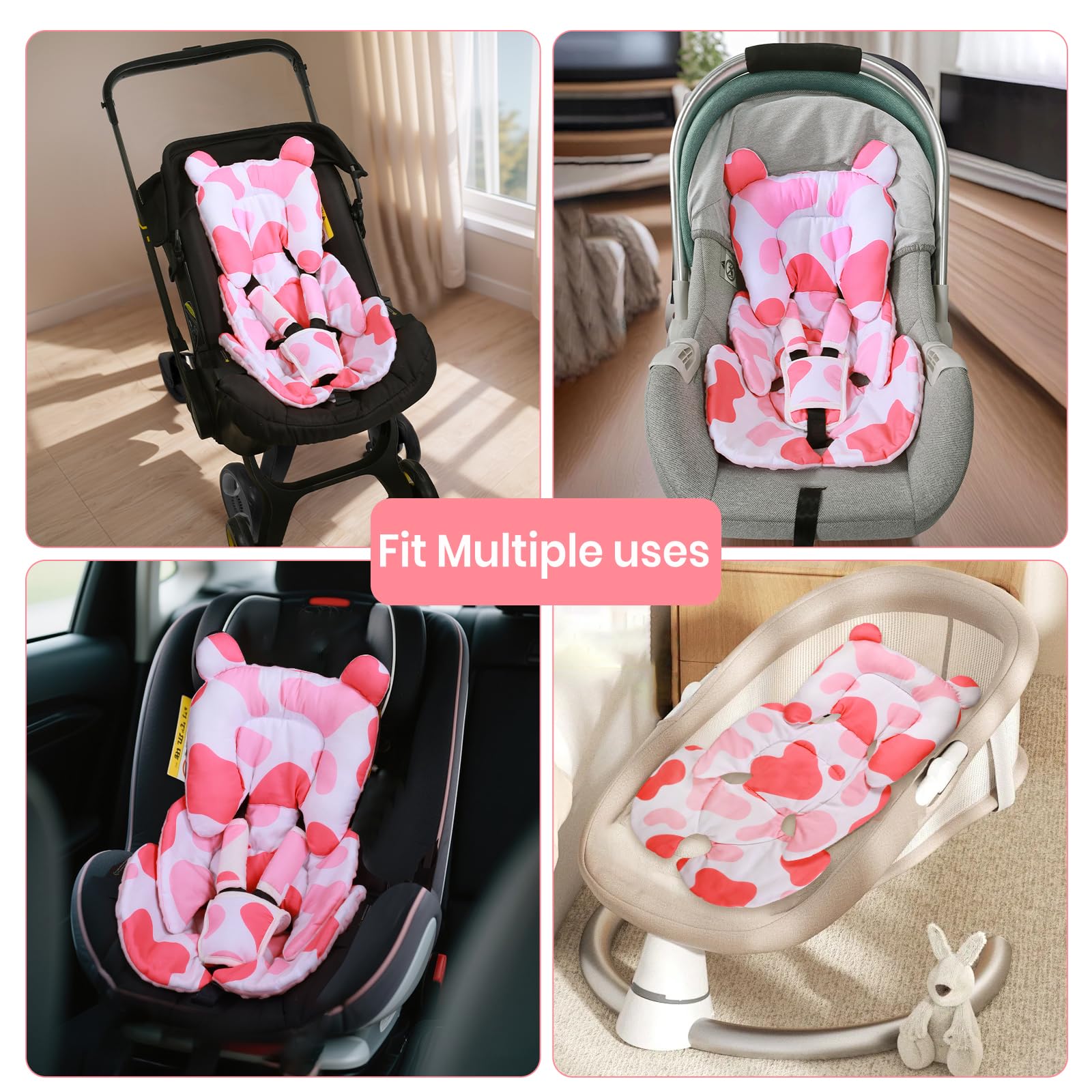 Honeau pink cow pattern strap covers add soft, adorable detail to baby's gear.