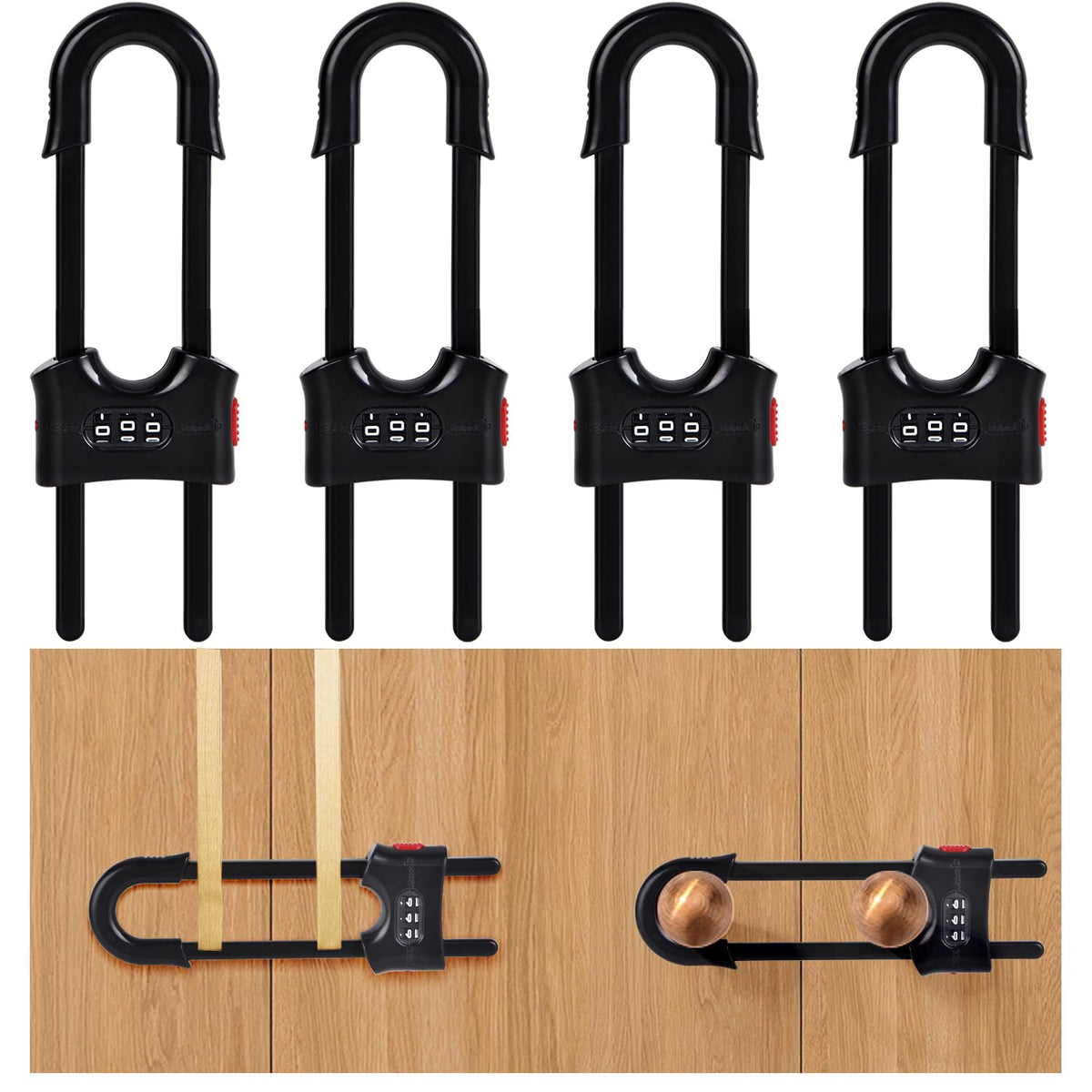 HonesaLoc u-shaped sliding locks in use on a cabinet for child safety