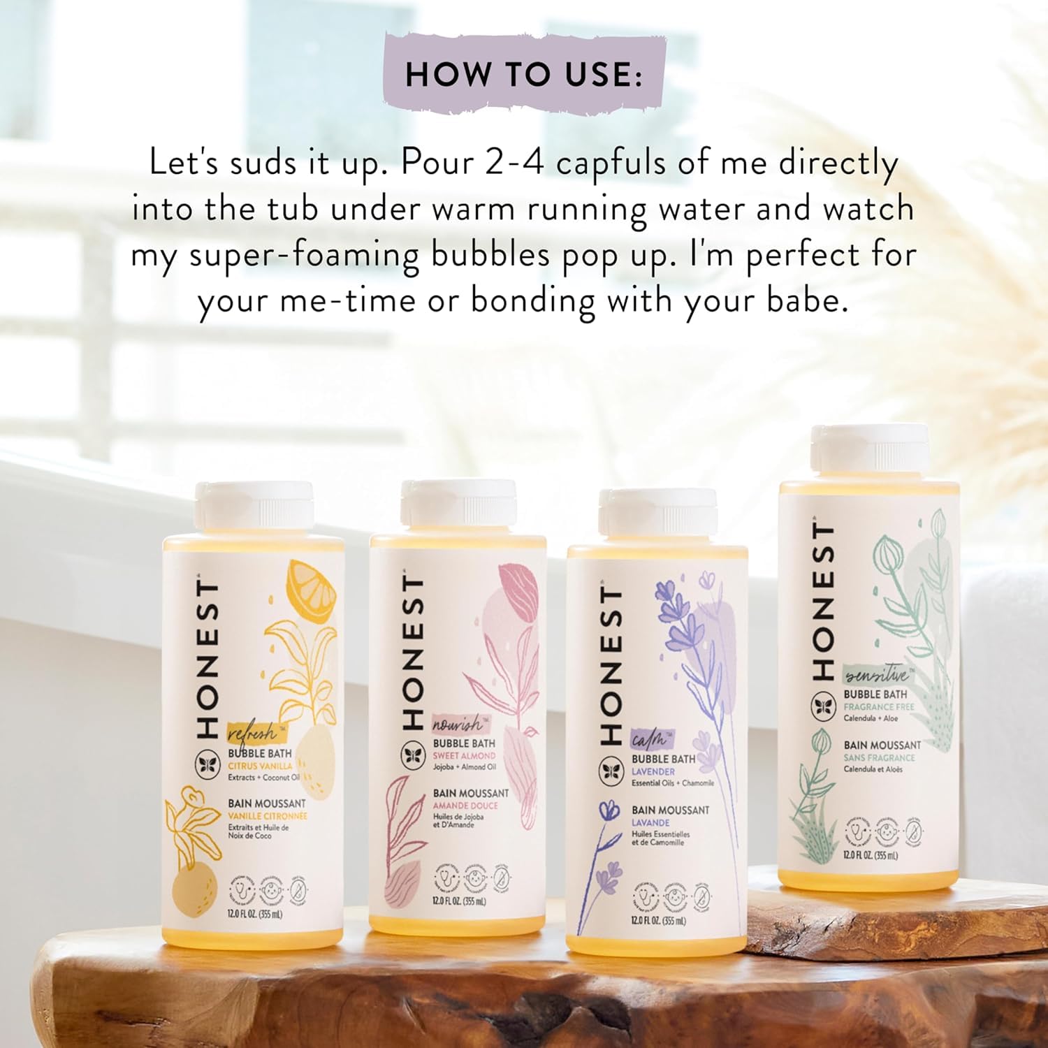 The Honest Company chamomile-aloe ingredients support calming, soothing bubbles during bath.