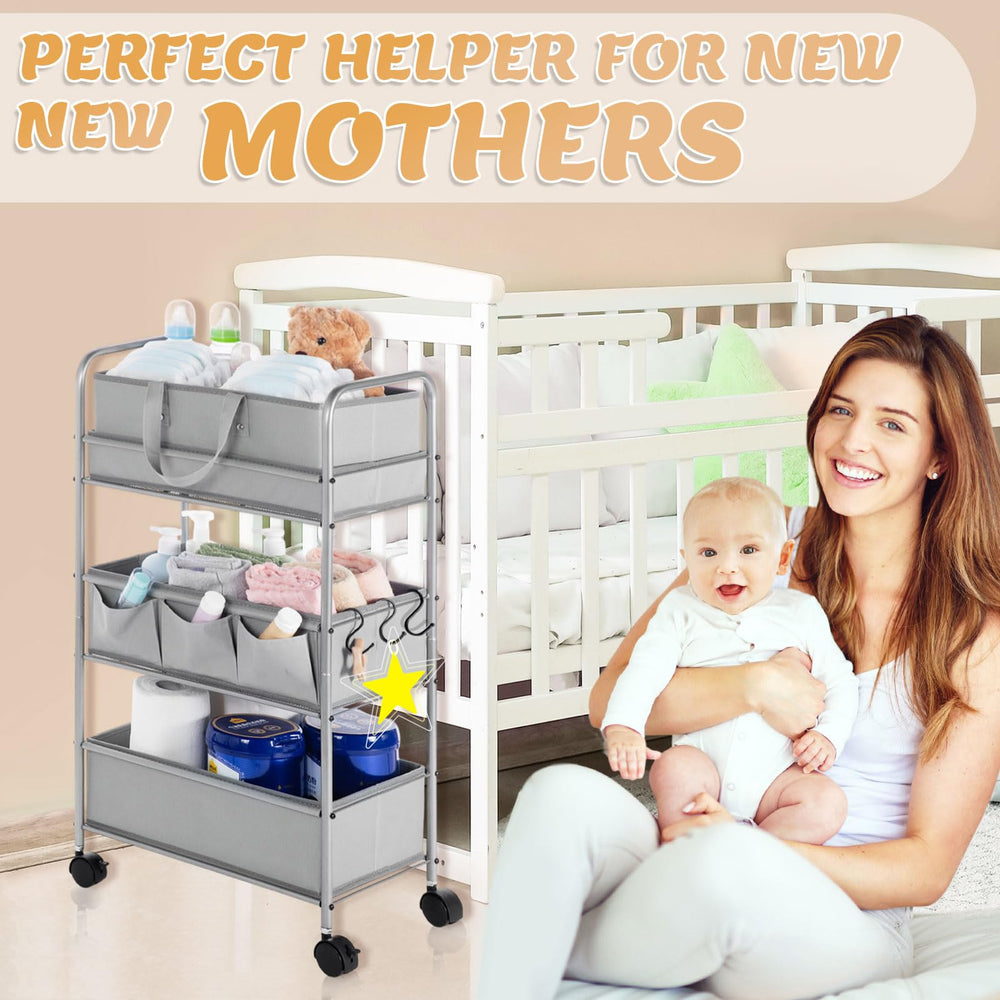 Honeydak 2in1 diaper caddy cart in a nursery setup beside the bed
