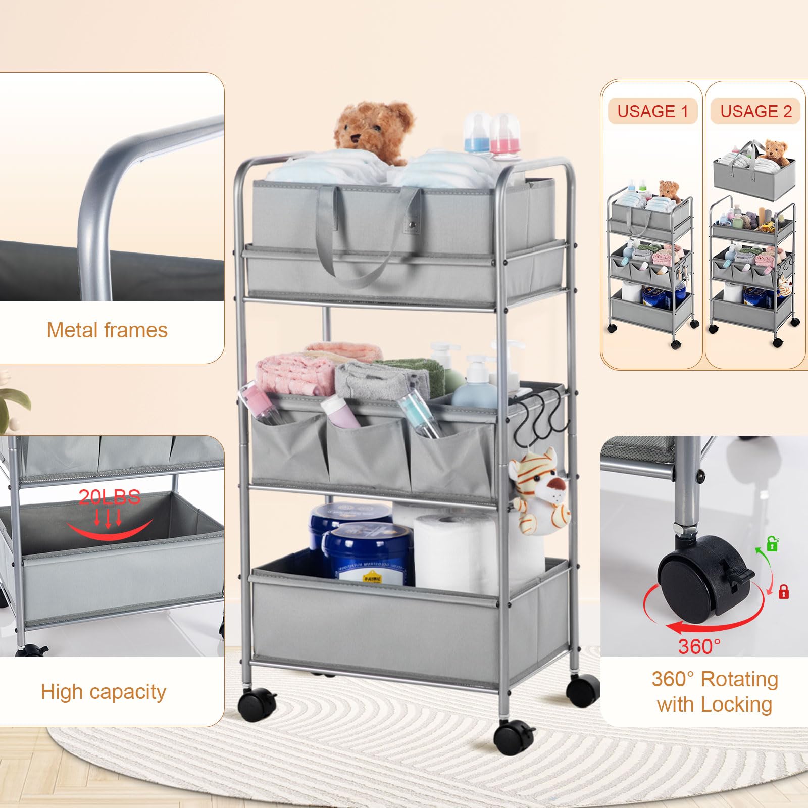 Honeydak 2in1 diaper caddy cart side pockets keep small items within reach