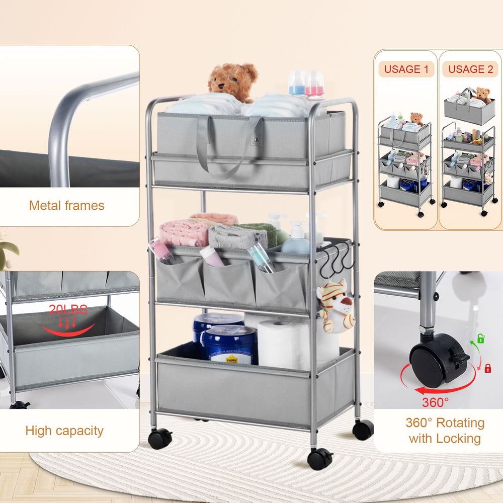 Honeydak 2in1 diaper caddy cart side pockets keep small items within reach