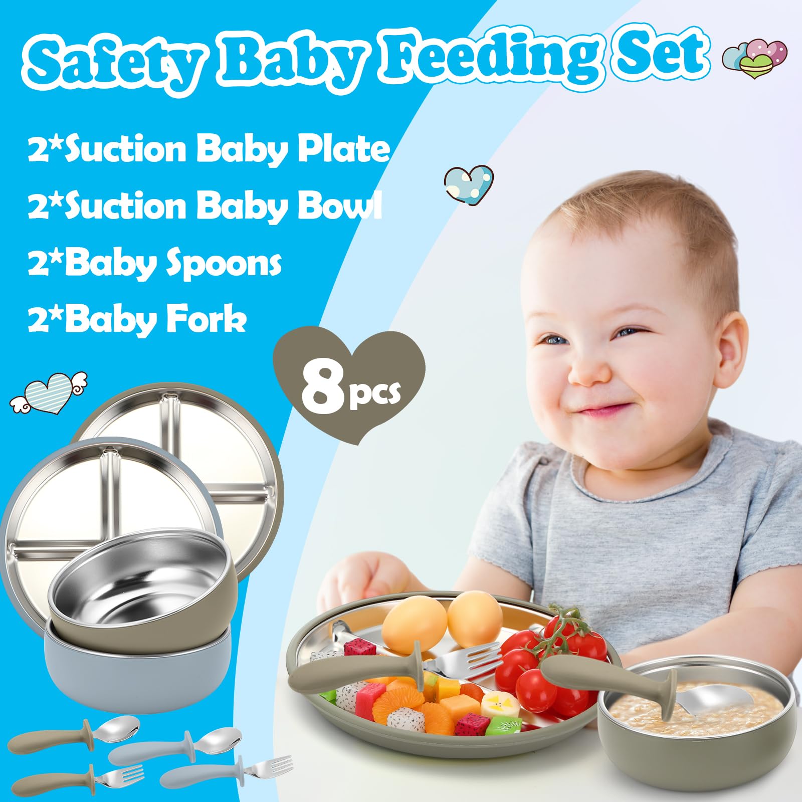 Honeydak blue-green mealtime set supports toddler independence.