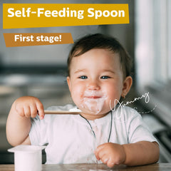 Honeydak silicone baby spoon with soft non-slip handle for easy grip.