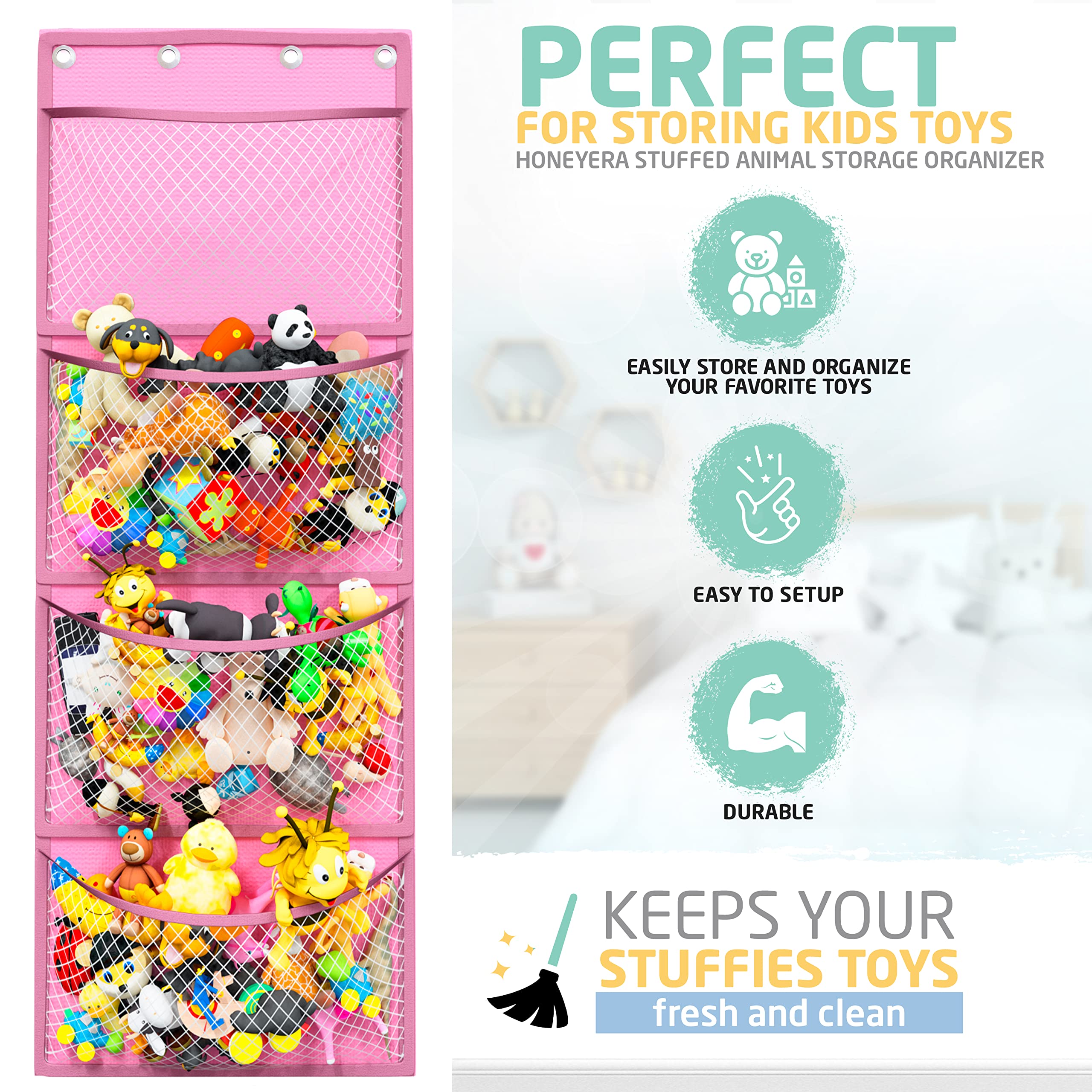 Honeyera four metal hooks provide sturdy toy organization and quick access.