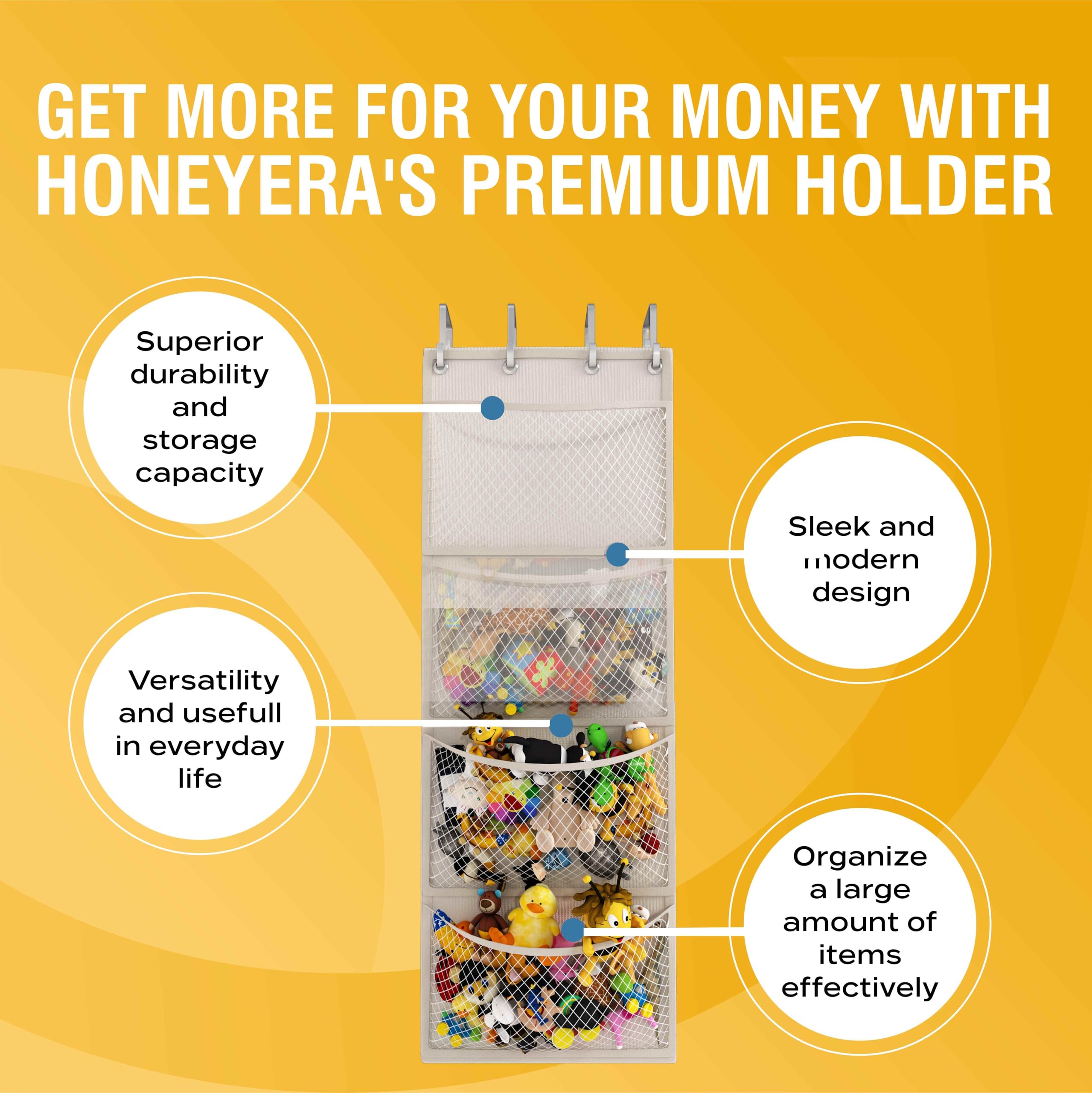 Honeyera Original mesh-pocket design provides breathable storage for plush toys.