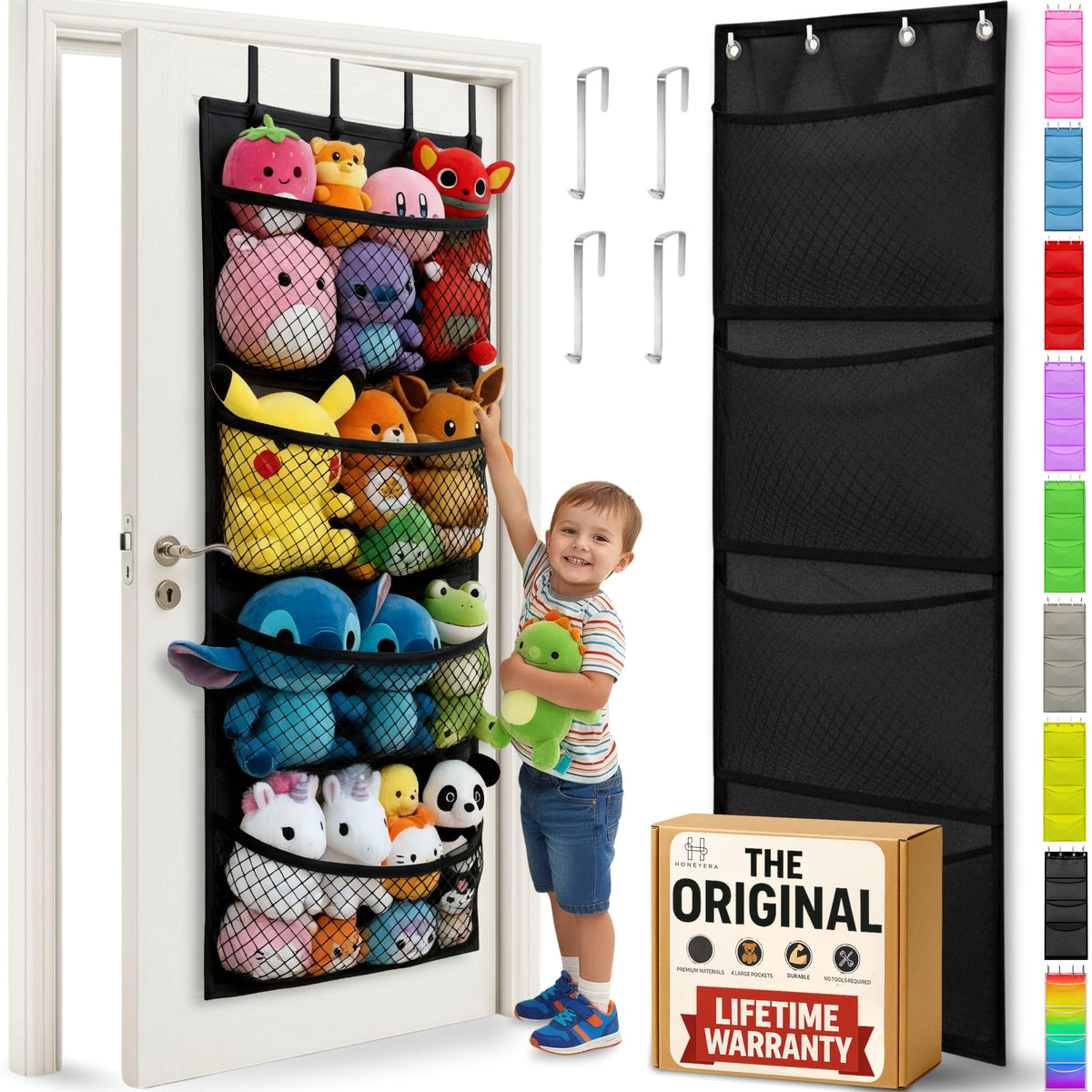 Honeyera Original stuffed animal storage over-door bag with mesh pockets keeps toys accessible