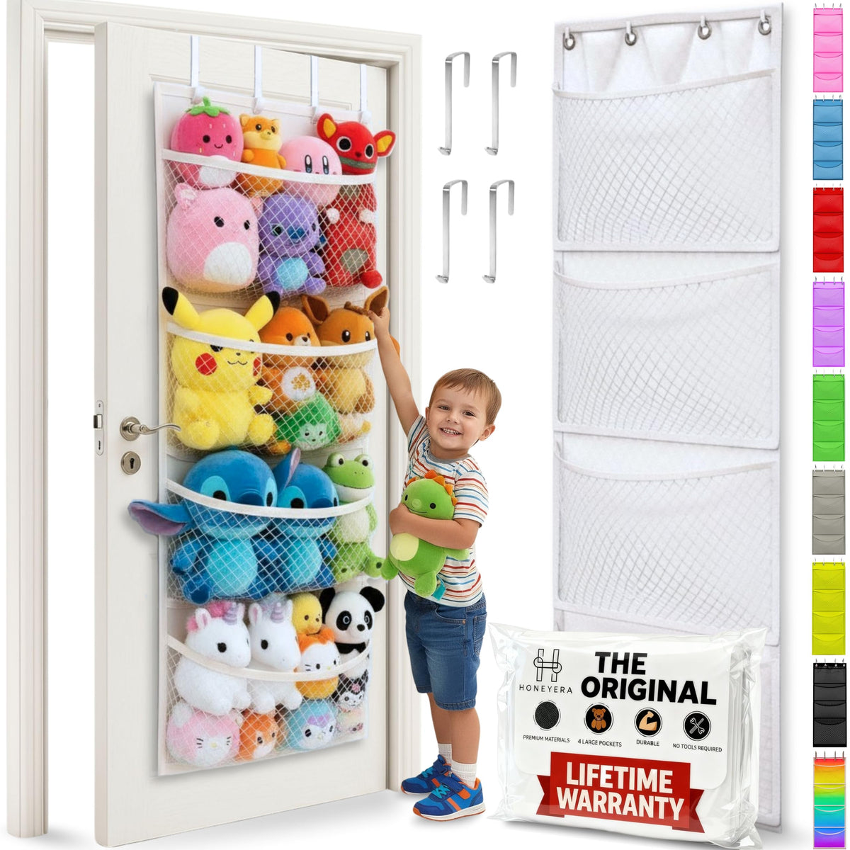 Honeyera Original stuffed animal storage over-door hook hammock keeps plush toys accessible.