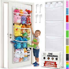Honeyera Original stuffed animal storage over-door hook hammock keeps plush toys accessible.
