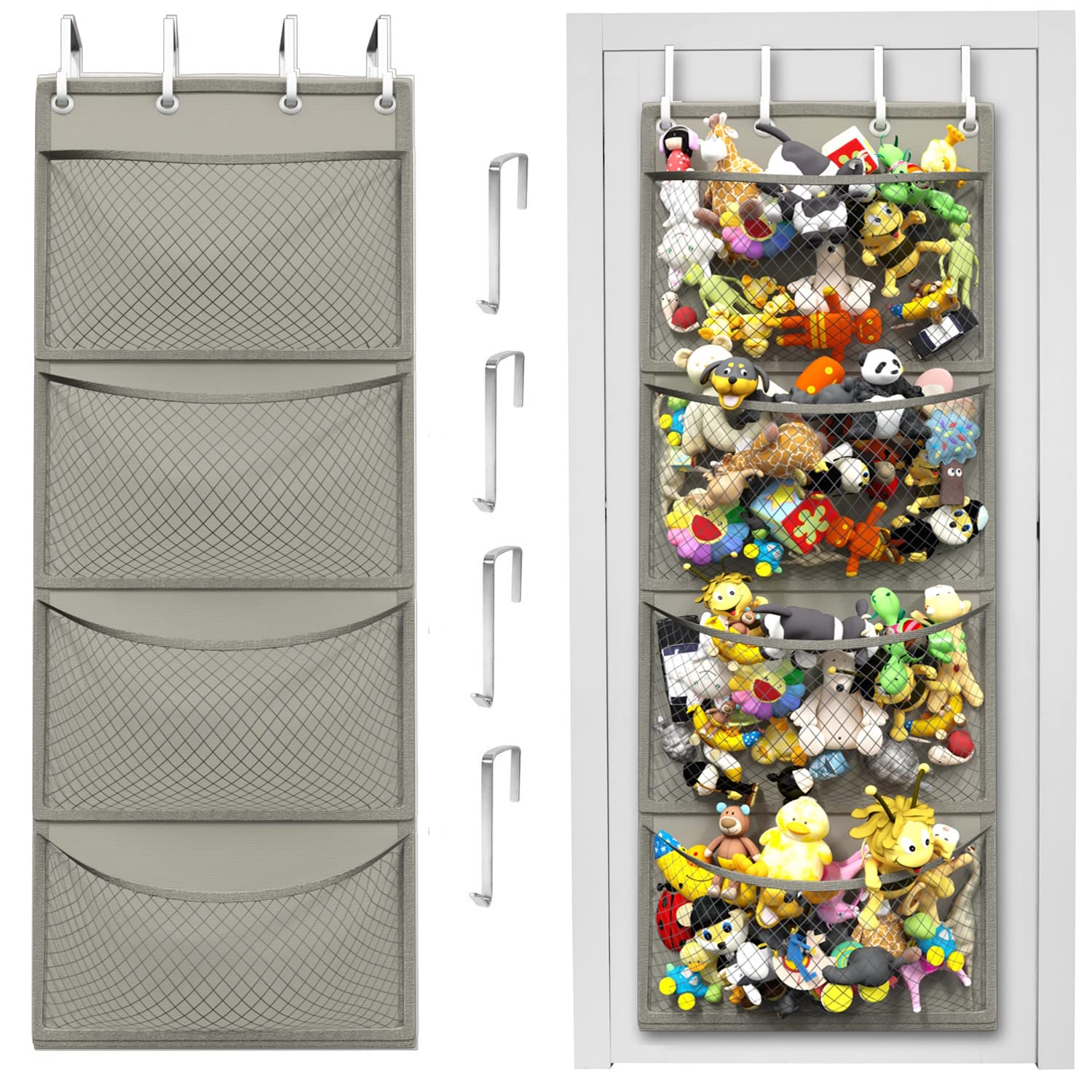 Honeyera over-door storage for stuffed animals keeps toys organized and easily accessible.
