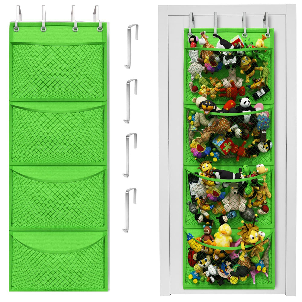 Honeyera over-door storage with hanging pockets keeps stuffed animals organized and accessible.