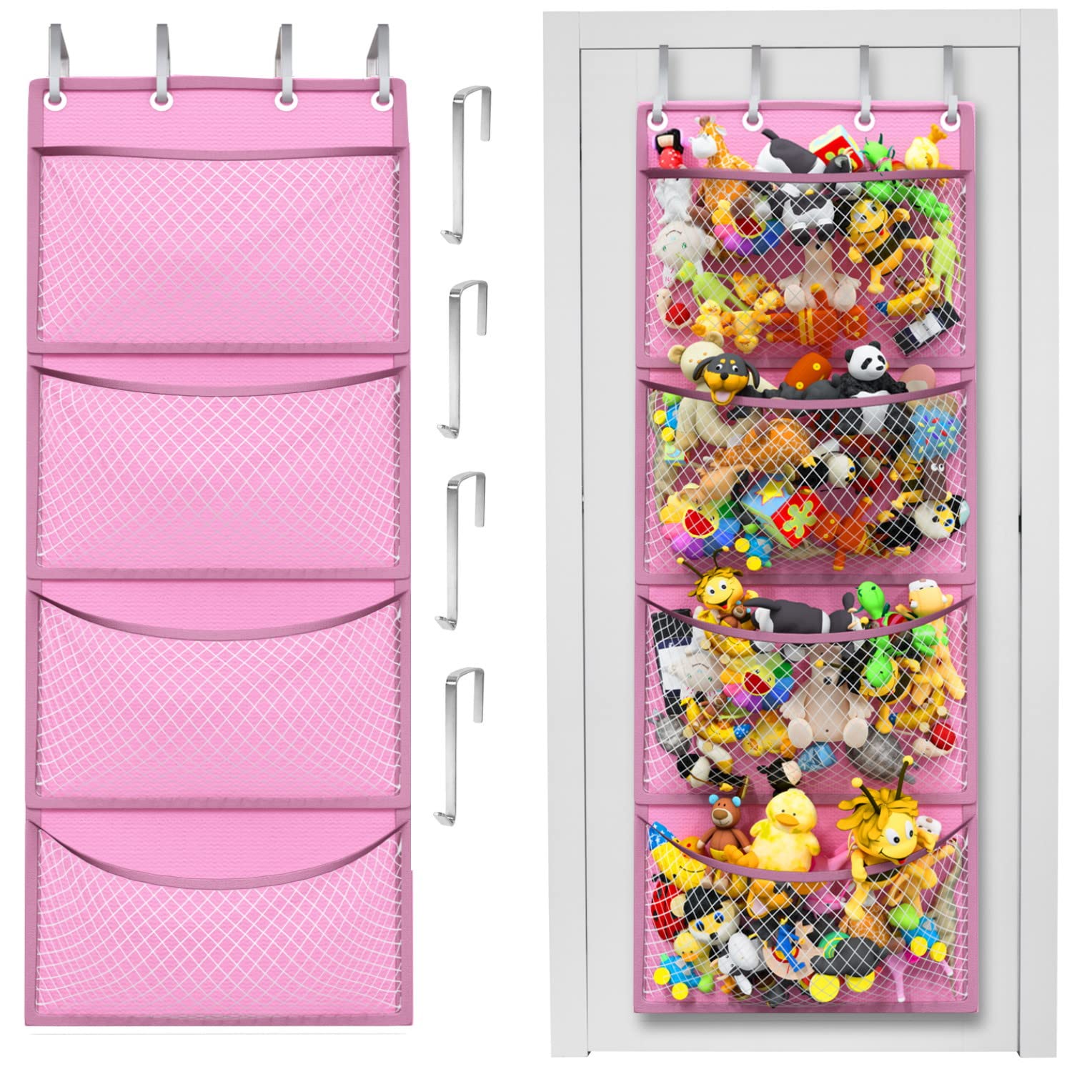 Honeyera over-door storage with stuffed animal pockets keeps playroom clutter under control.