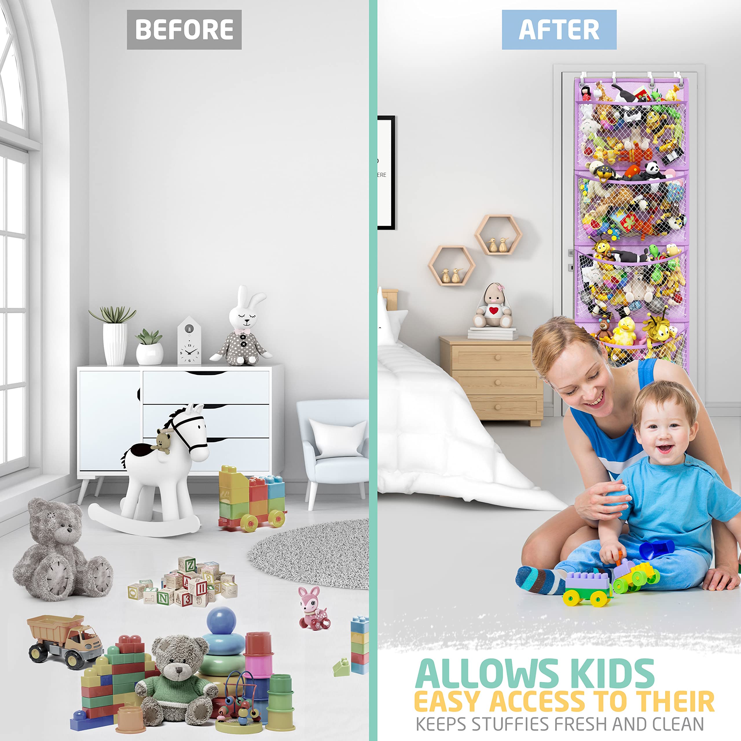 Honeyera Plush Storage neatly organizes toys in a compact, floor-free solution.