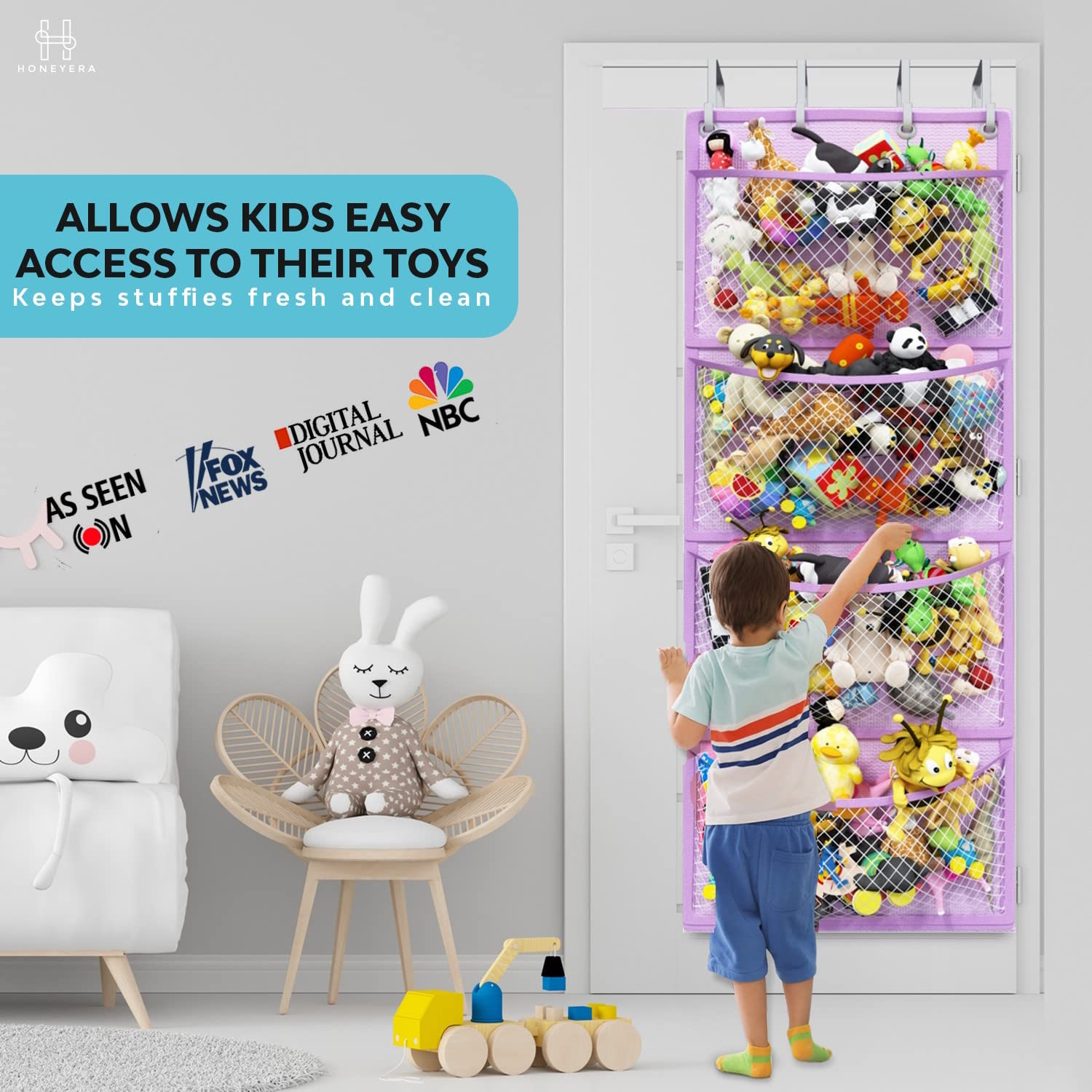 Honeyera Plush Storage organization for stuffed animals with breathable mesh pockets.