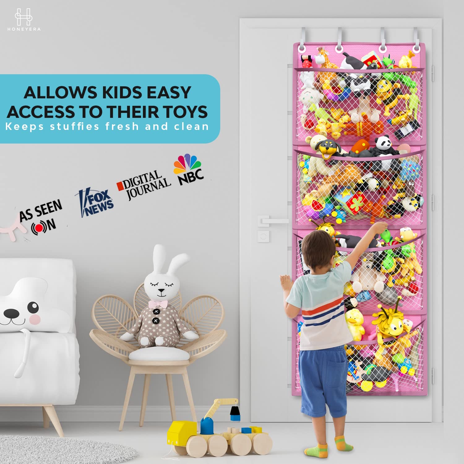 Honeyera stuffed-animal hanging organizer close-up pockets keep plush toys accessible.