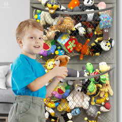 Honeyera stuffed animal organizer close-up shows durable mesh pockets and fabric.