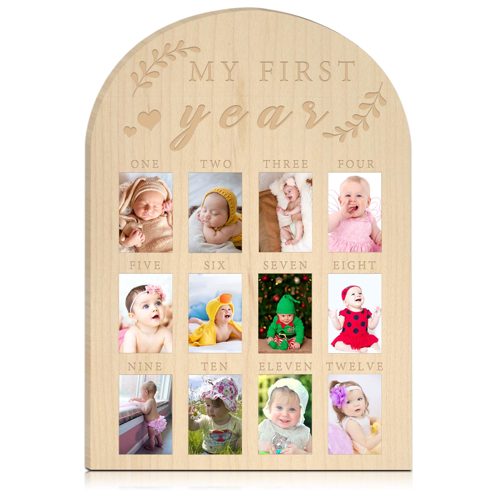 hongpar My First Year Photo Display front view showcases milestone framing for nursery decor.