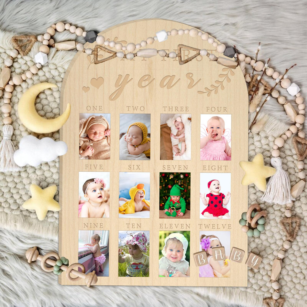 hongpar My First Year Photo Display makes a thoughtful baby shower or new parent gift.