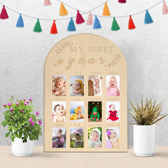hongpar My First Year Photo Display neutral rustic design complements any nursery theme.