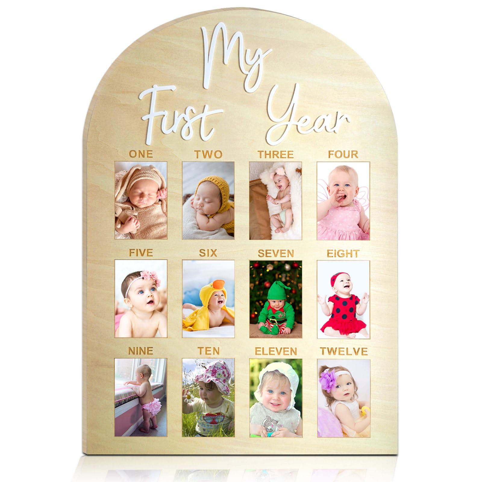 Hongpar one-year wooden photo board frame highlights monthly memories for a lasting keepsake