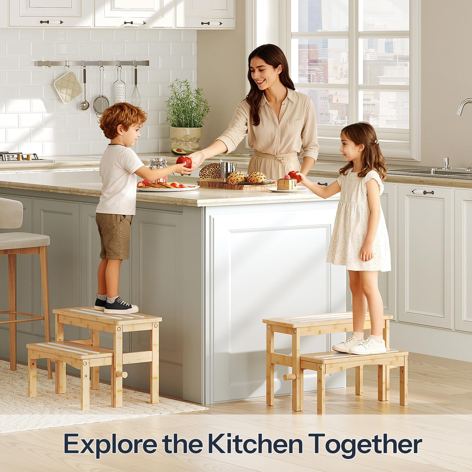 HOOBRO wooden step stool with anti-slip grooves boosts safety on slippery floors.