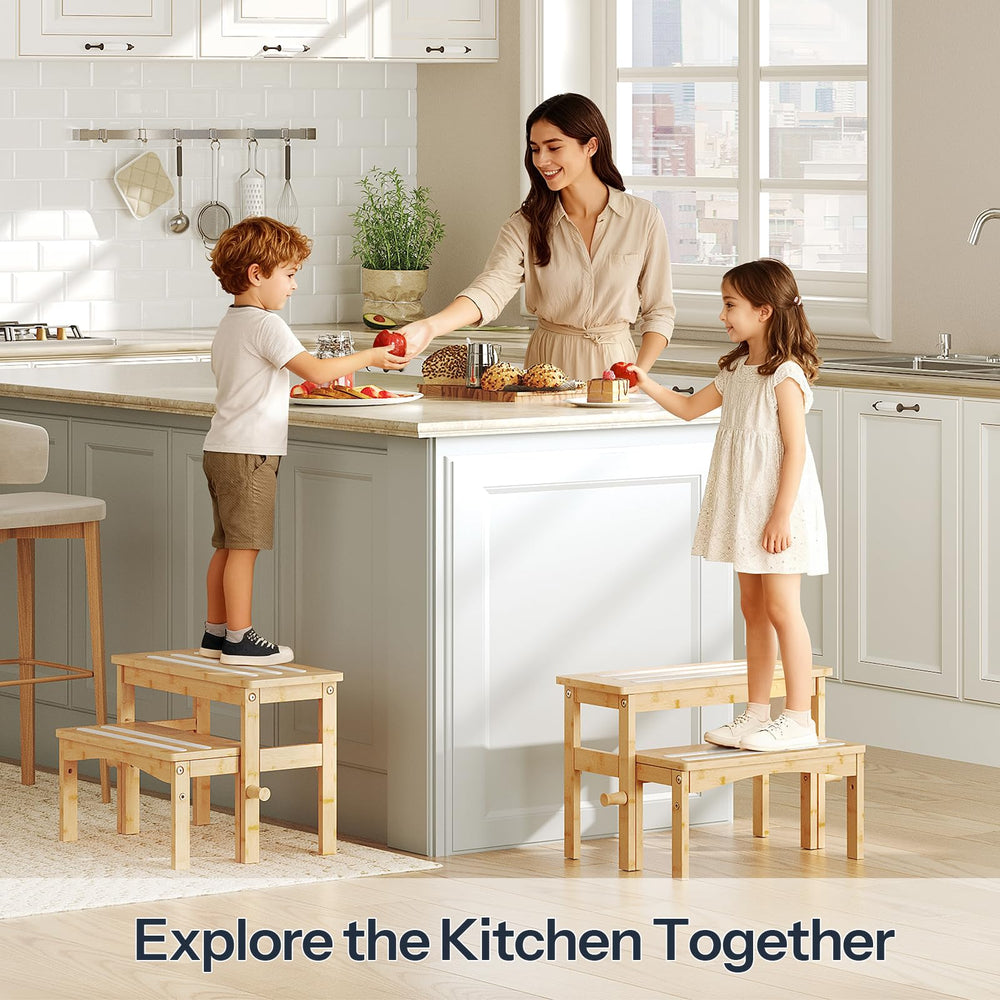 HOOBRO wooden step stool with anti-slip grooves boosts safety on slippery floors.