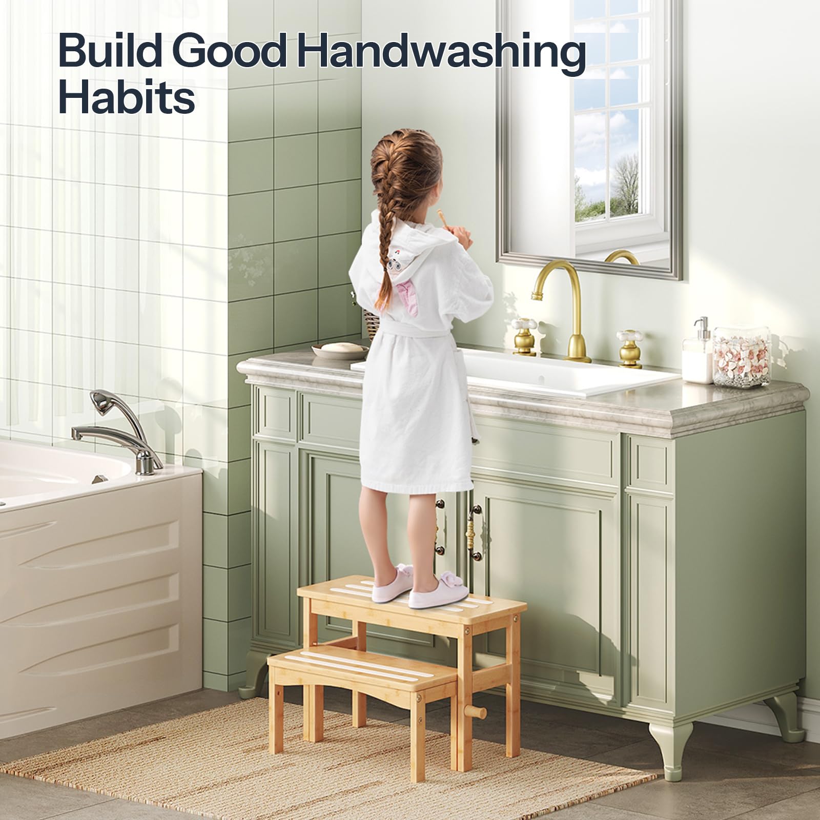 HOOBRO wooden step stool white accent complements bathroom decor while remaining visible and helpful.