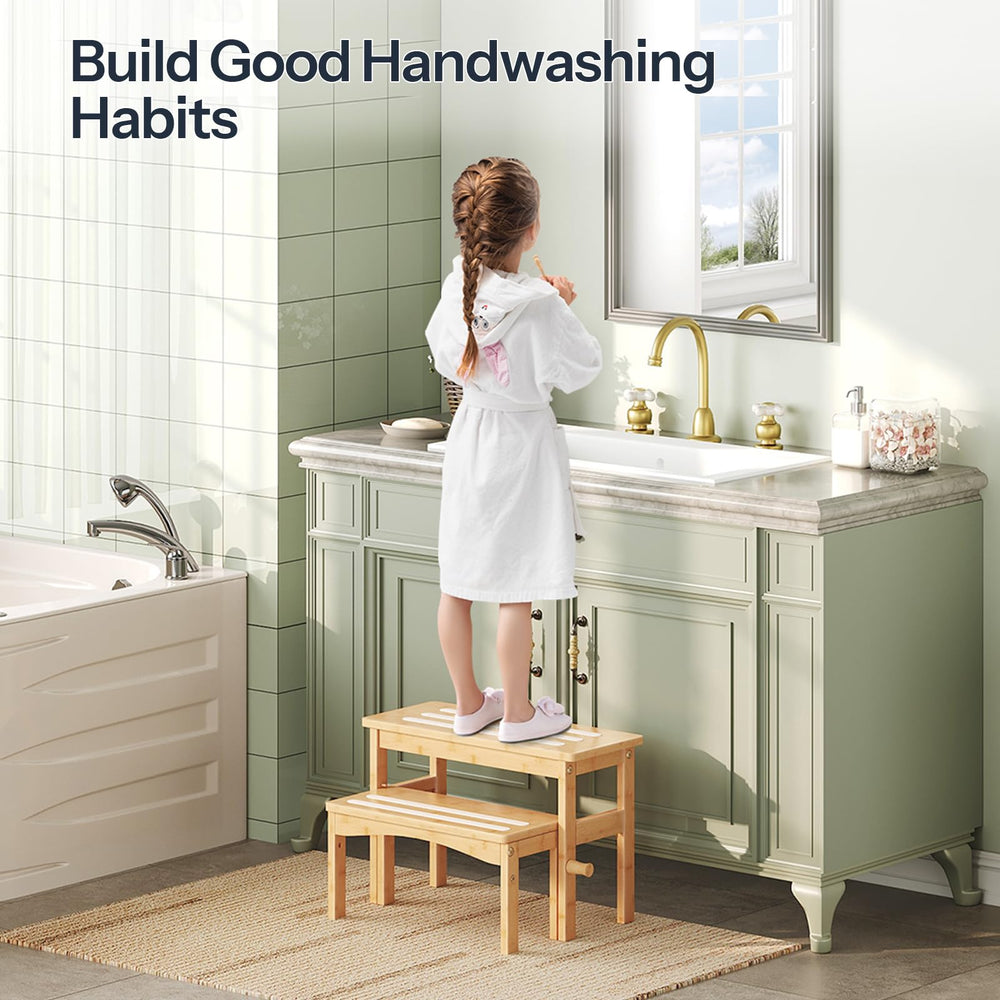 HOOBRO wooden step stool white accent complements bathroom decor while remaining visible and helpful.