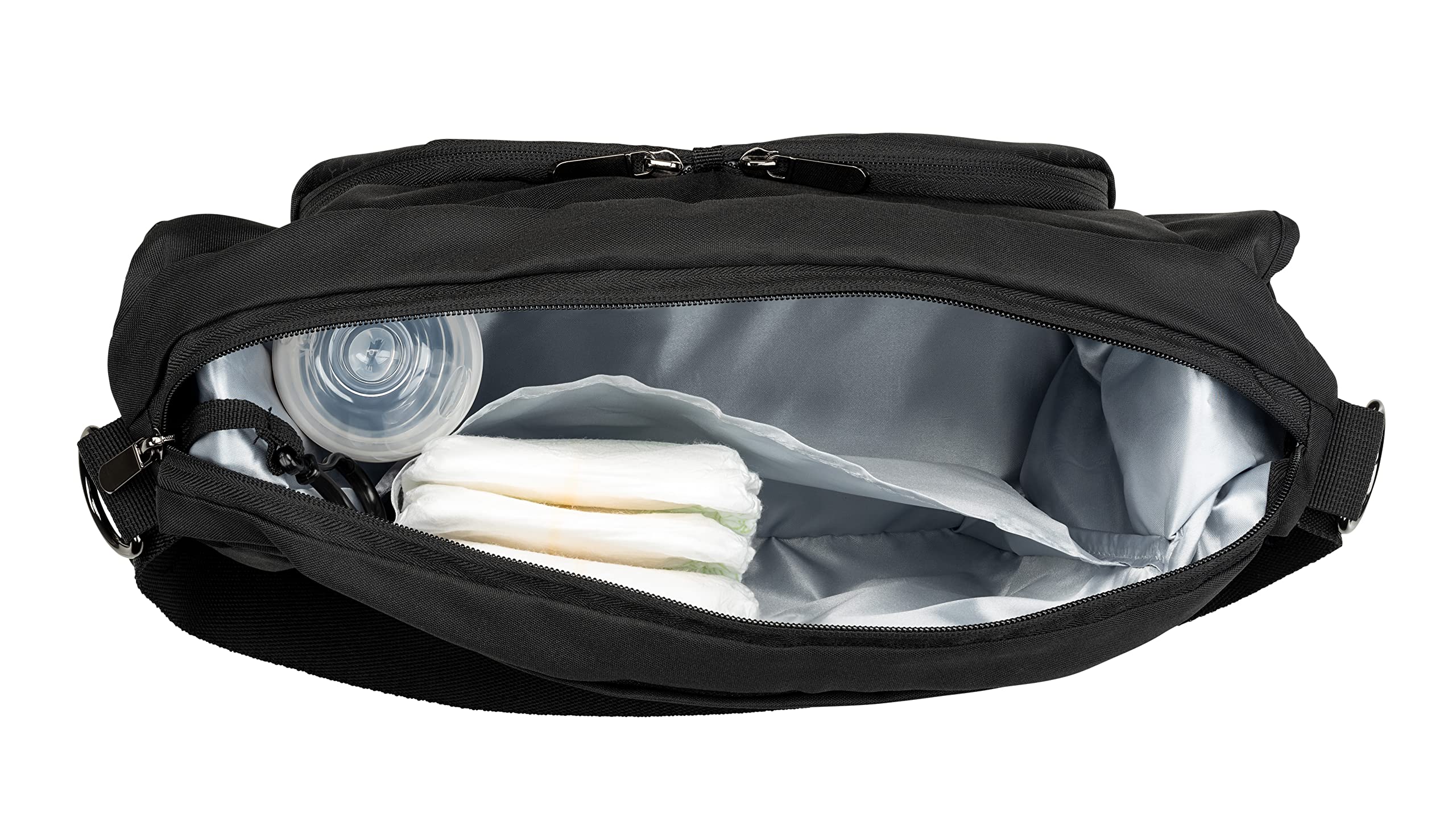 hoodababy Essentials diaper bag shows four pockets and two bottle holders for organization