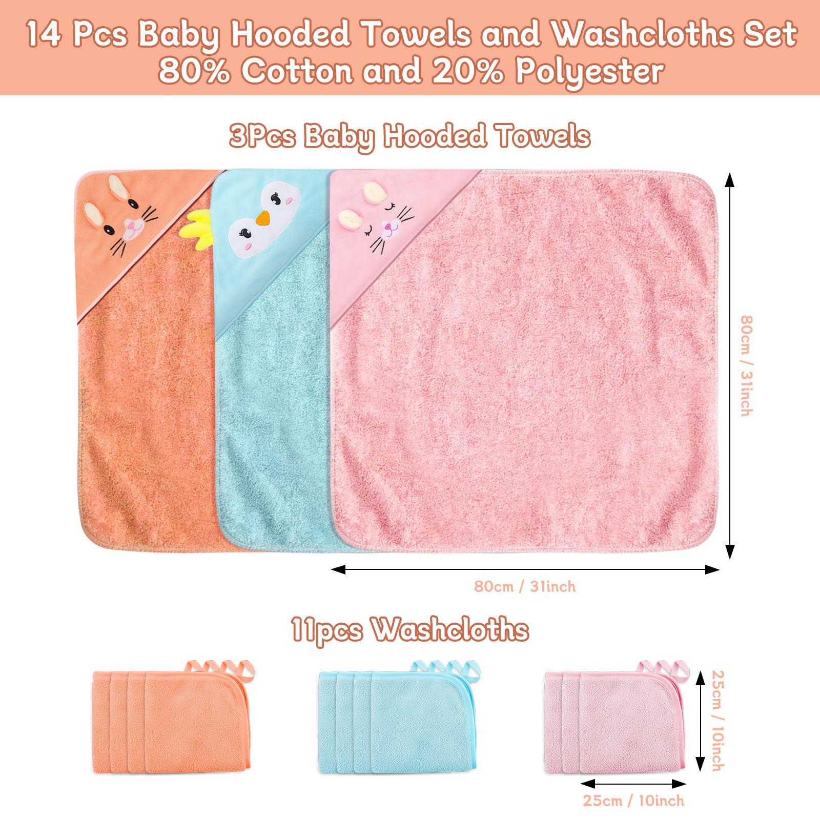 Hooded baby towel with kitten design adds bath time charm.