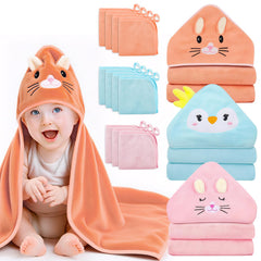 Hooded baby towel with rabbit keeps baby warm after bath.