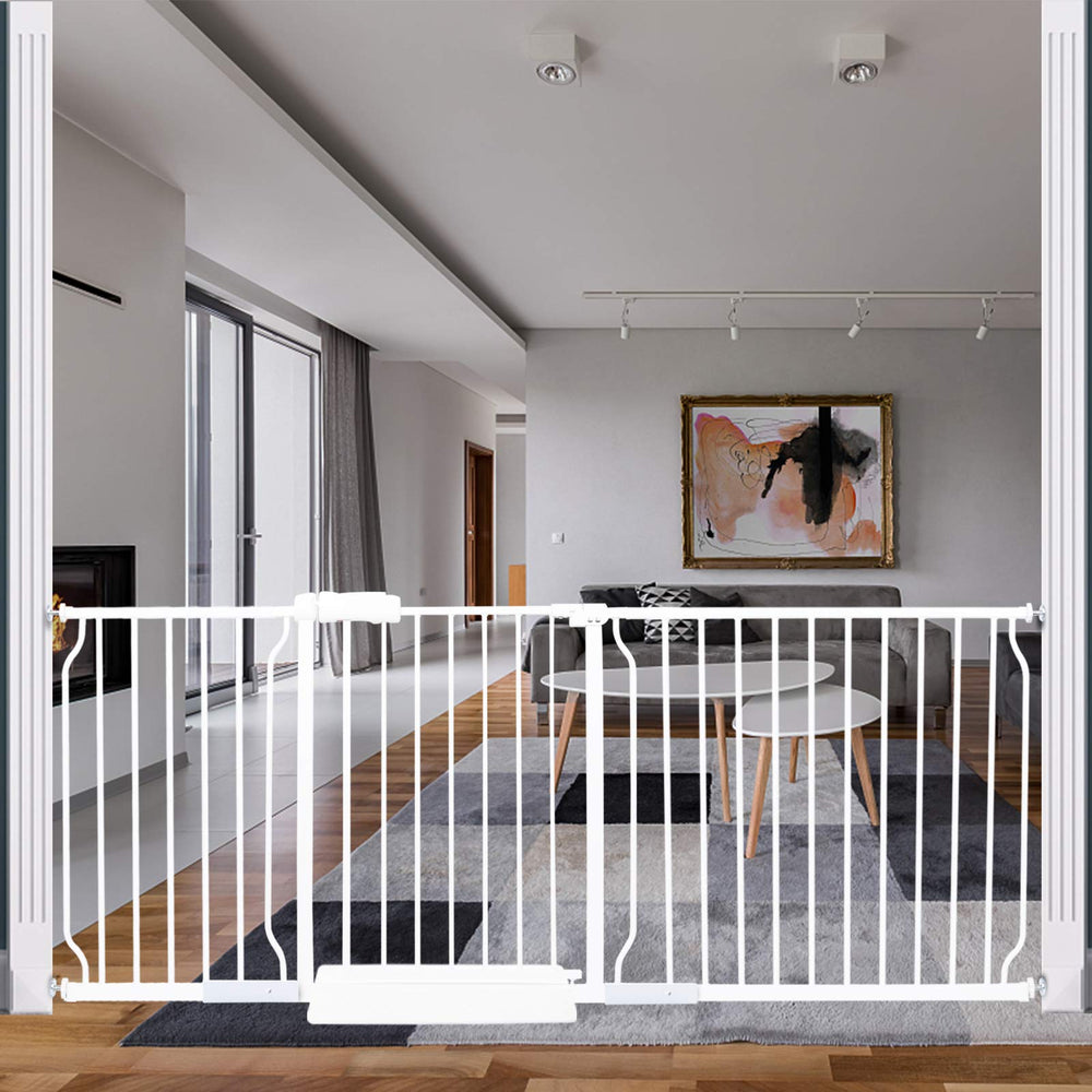 HOOOEN extra-wide gate closed at doorway for safe passage and monitoring.