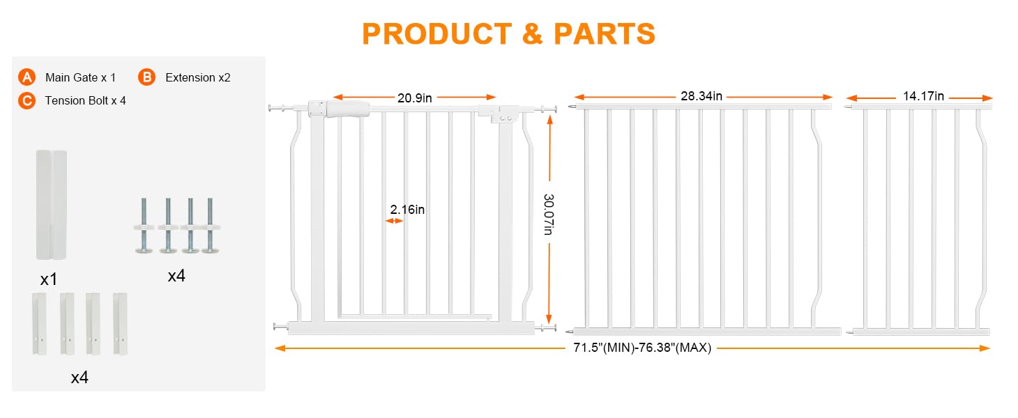 HOOOEN width-extension demonstrates fit range 71.5–76.38 inches across openings.