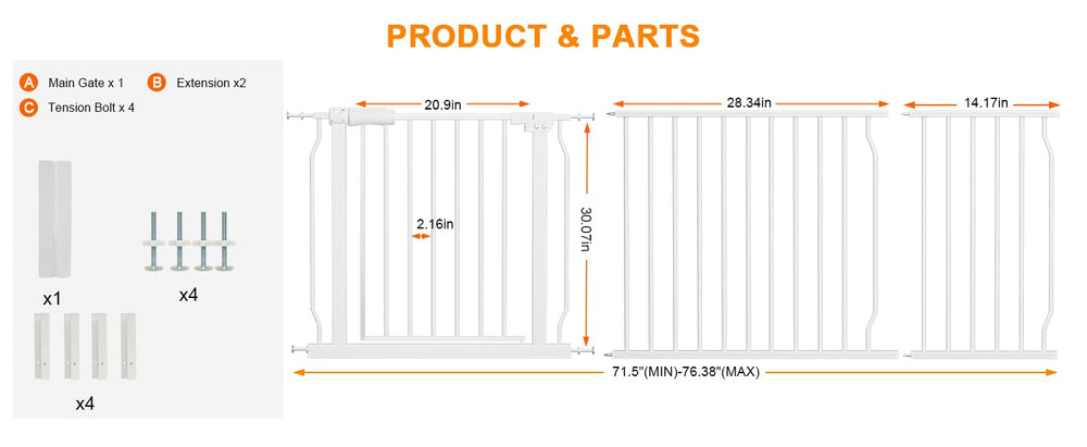 HOOOEN width-extension demonstrates fit range 71.5–76.38 inches across openings.