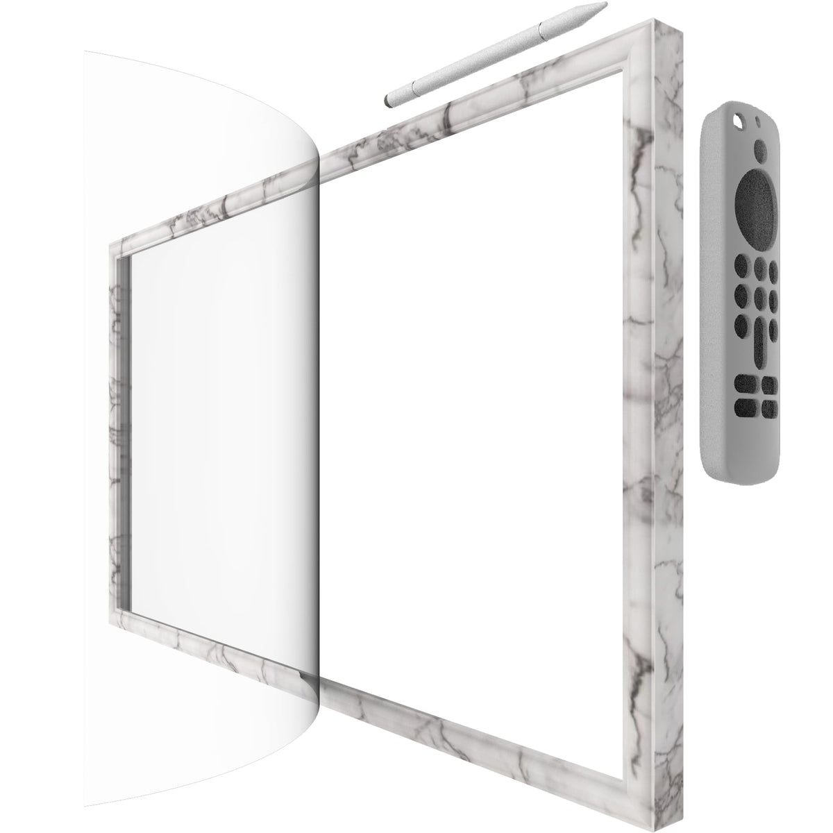 Hookmemo white marble frame for Echo Show 21 front view with magnets for neat placement.