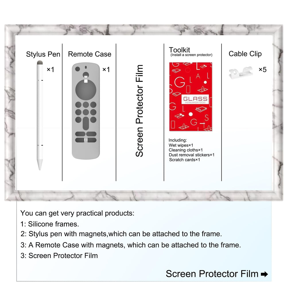 Hookmemo white marble frame shows magnetized stylus attached for quick navigation.