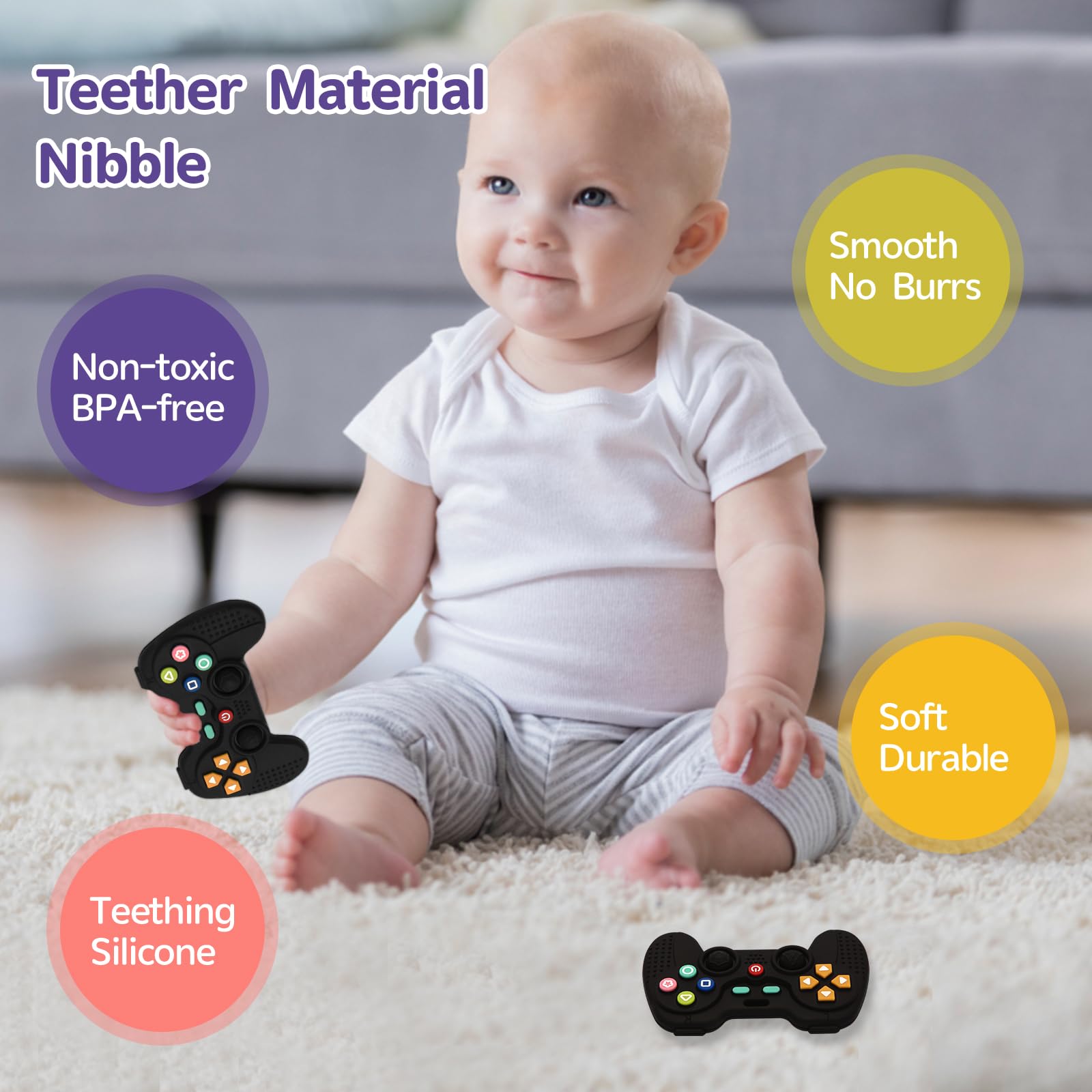 Hooku baby teether with bright colors to aid early color recognition.