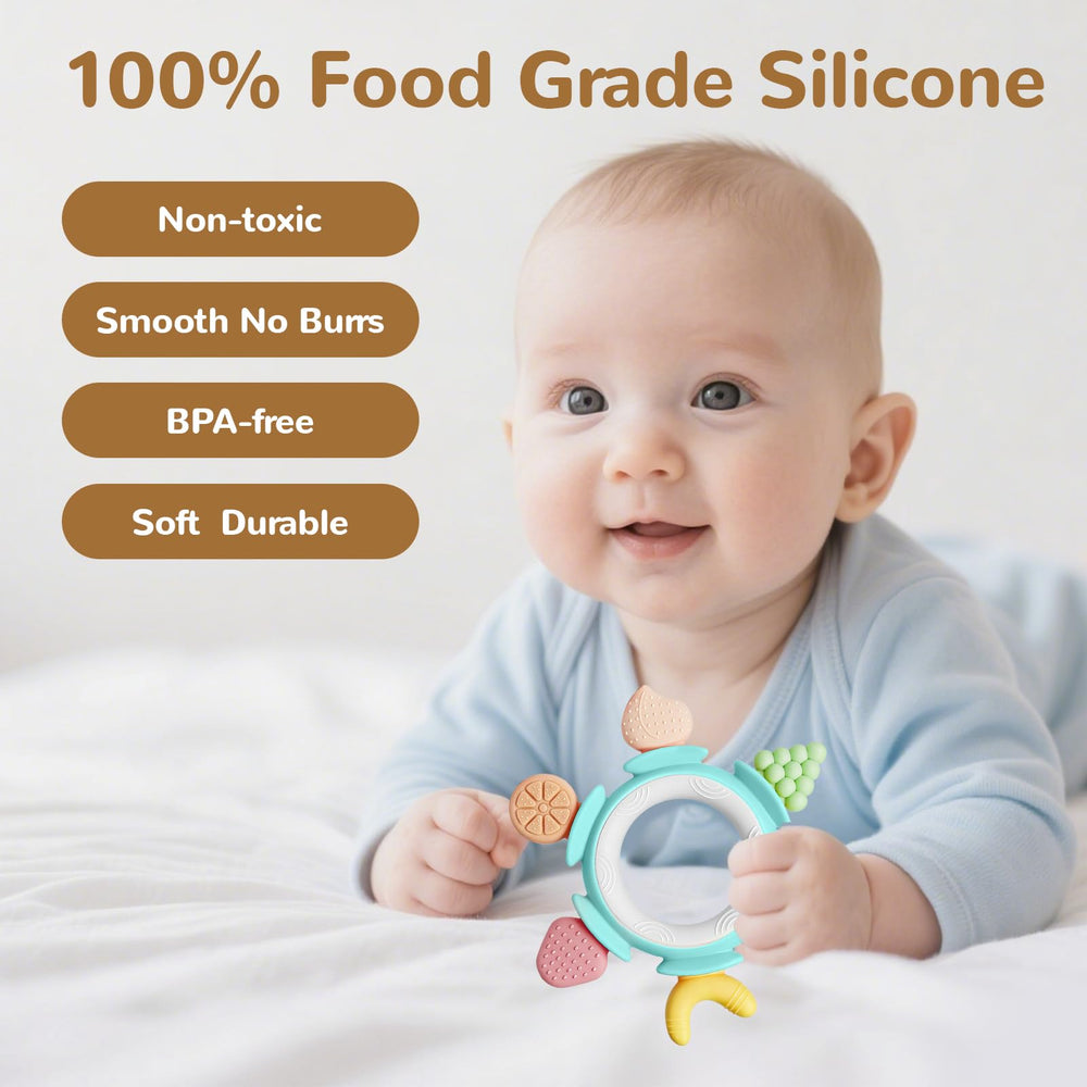 Hooku baby teether in soft silicone is BPA-free and safe for chewing.