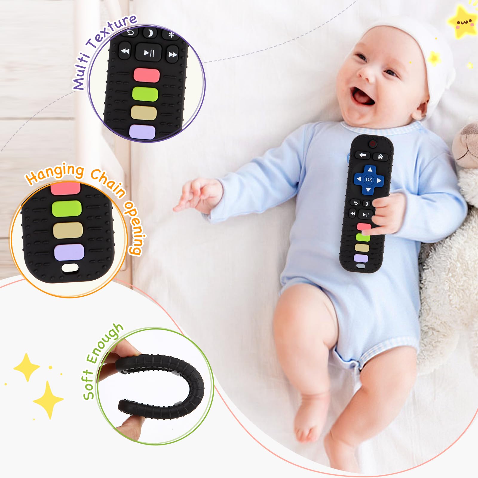 Hooku baby teether with textured surfaces aiding gum massage
