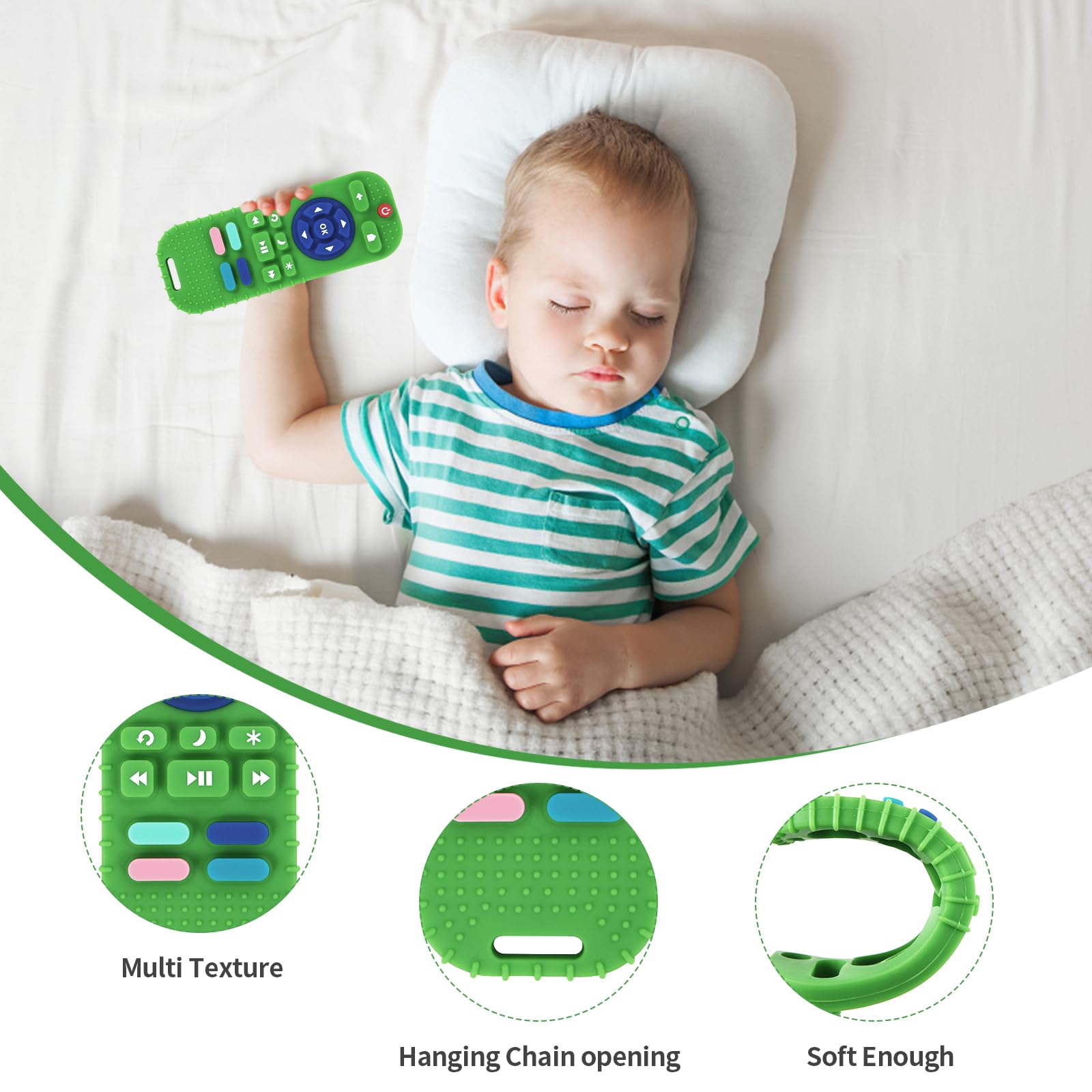 Hooku teether with varied textures aids gum massage and calming chew sessions.