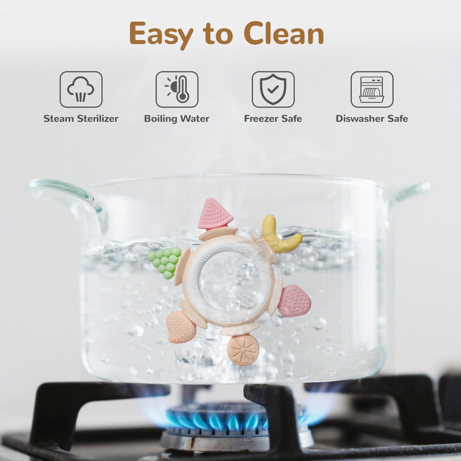 Hooku freezeable teether provides cooling relief during teething.