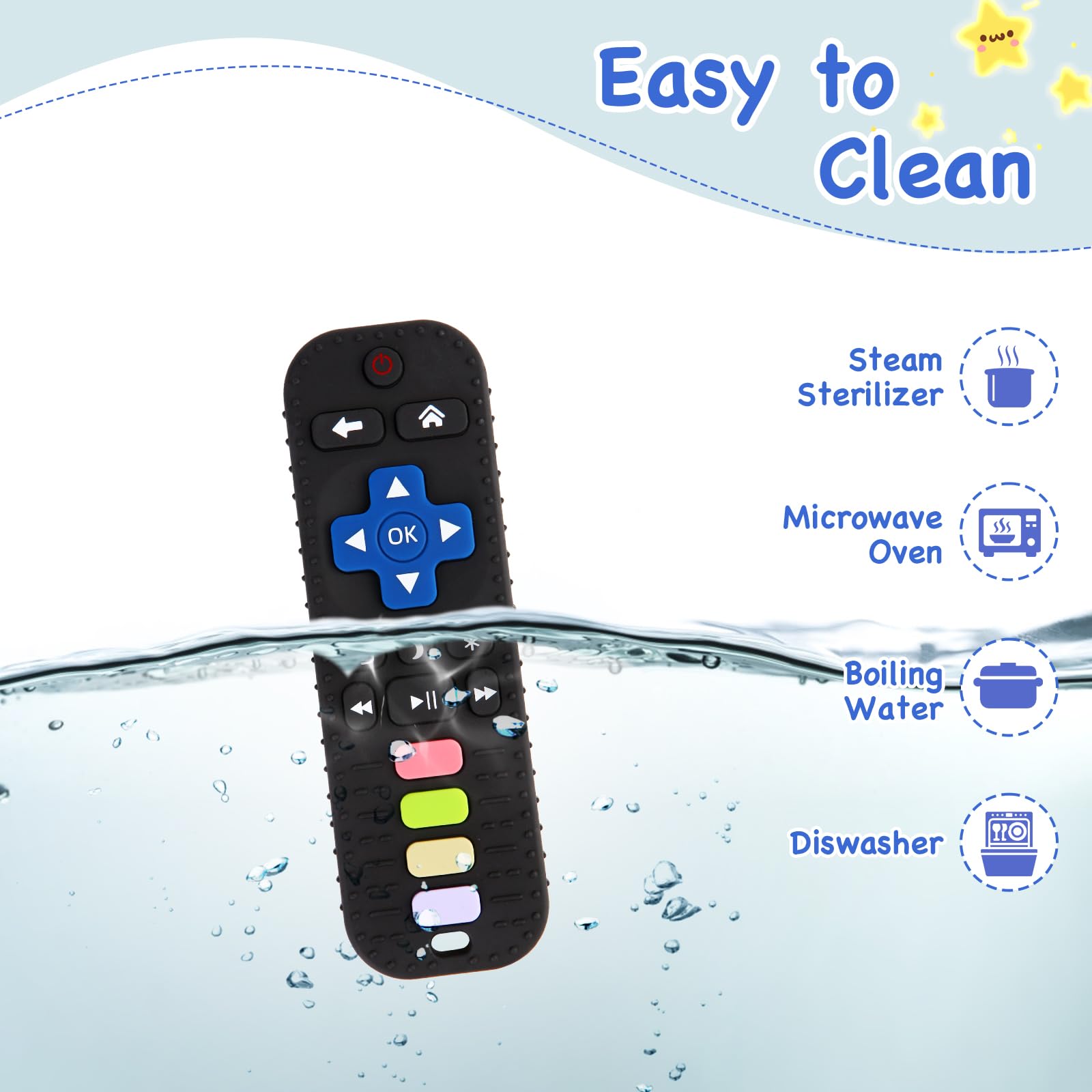 Hooku infant teething remote-toy held by small hands during play