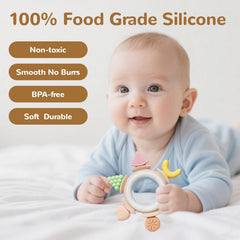 Hooku silicone teether bright colors support color recognition and engagement.